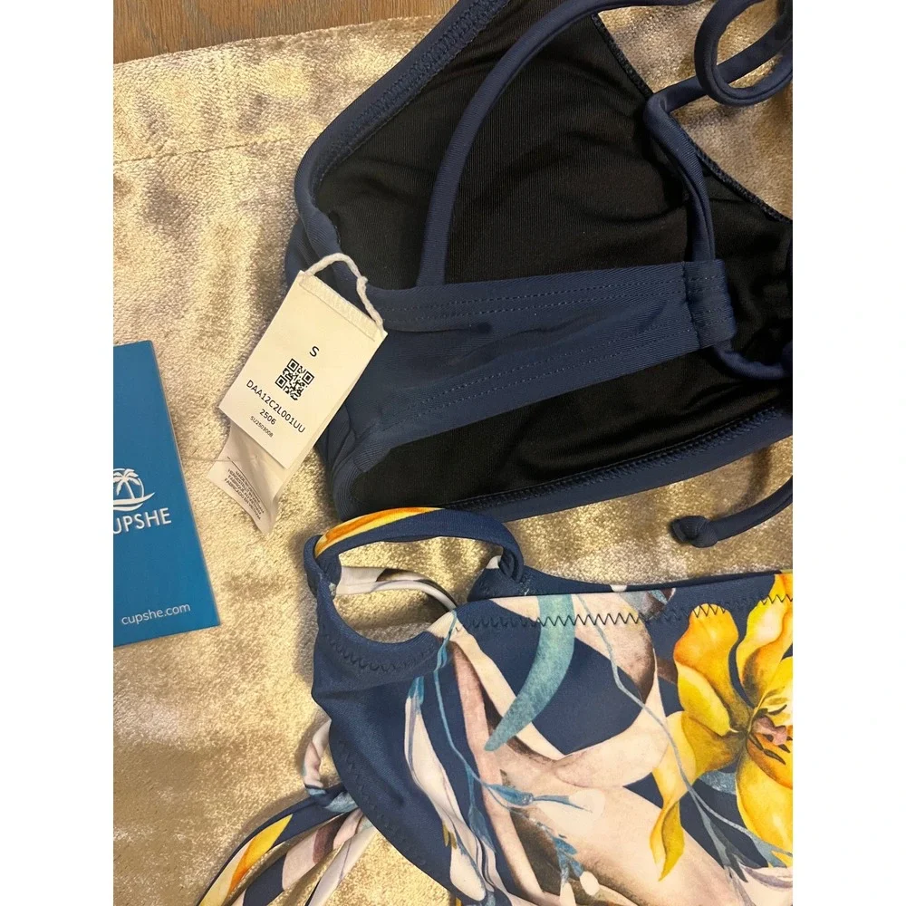 Cupshe Navy Blue Floral Braided Halter Bikini Set Small
